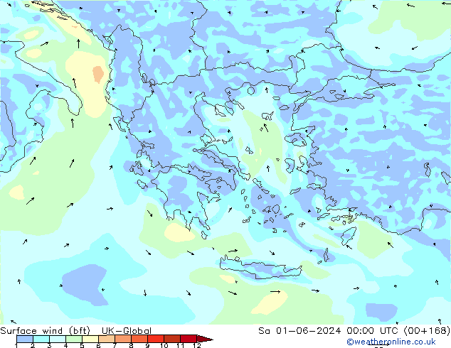 Wind 10 m (bft) UK-Global za 01.06.2024 00 UTC