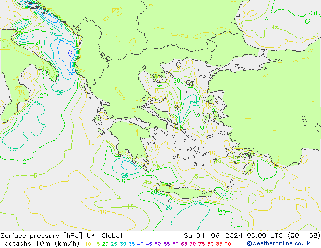 Izotacha (km/godz) UK-Global so. 01.06.2024 00 UTC