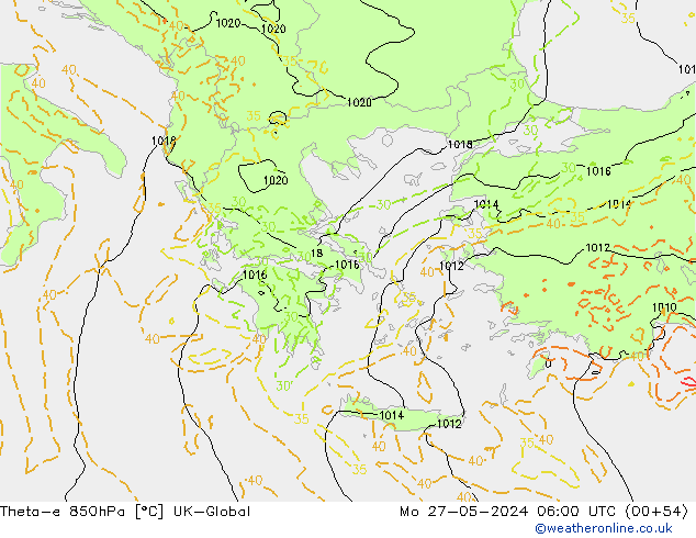 Theta-e 850hPa UK-Global Po 27.05.2024 06 UTC