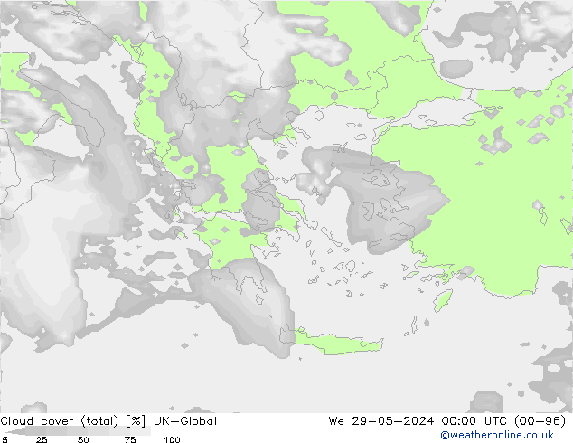 Cloud cover (total) UK-Global We 29.05.2024 00 UTC