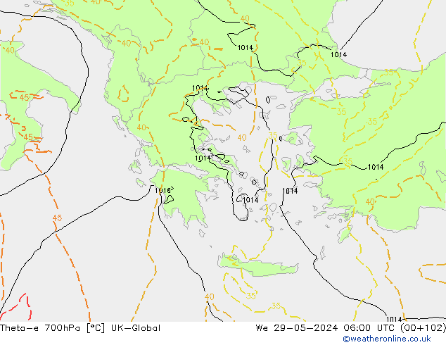 Theta-e 700hPa UK-Global Mi 29.05.2024 06 UTC