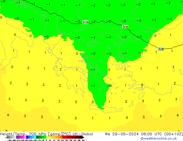 Height/Temp. 700 гПа UK-Global ср 29.05.2024 06 UTC