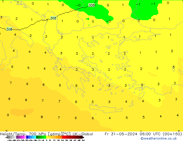 Hoogte/Temp. 700 hPa UK-Global vr 31.05.2024 06 UTC