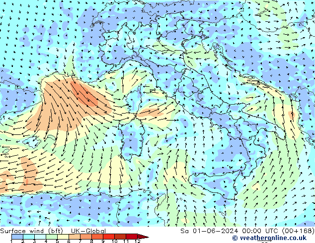 Surface wind (bft) UK-Global Sa 01.06.2024 00 UTC