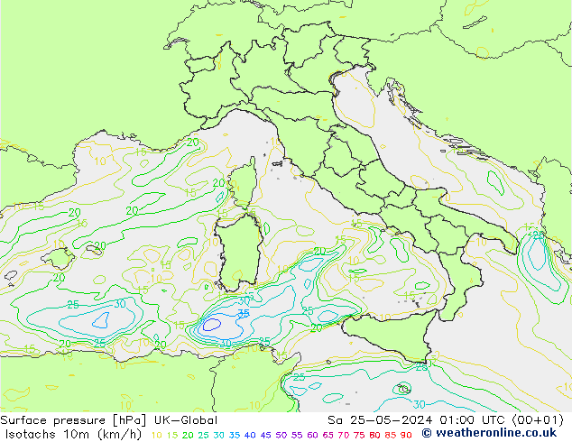 Isotachs (kph) UK-Global  25.05.2024 01 UTC