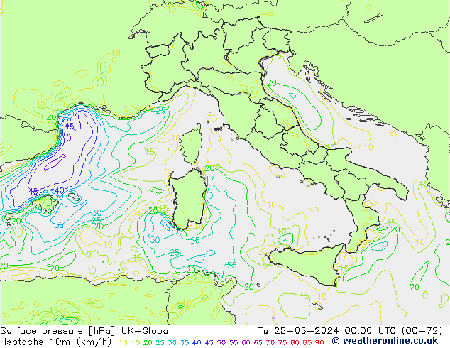 Isotachs (kph) UK-Global Út 28.05.2024 00 UTC