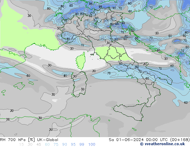 Humedad rel. 700hPa UK-Global sáb 01.06.2024 00 UTC