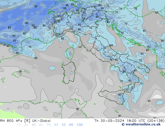 RH 850 hPa UK-Global czw. 30.05.2024 18 UTC