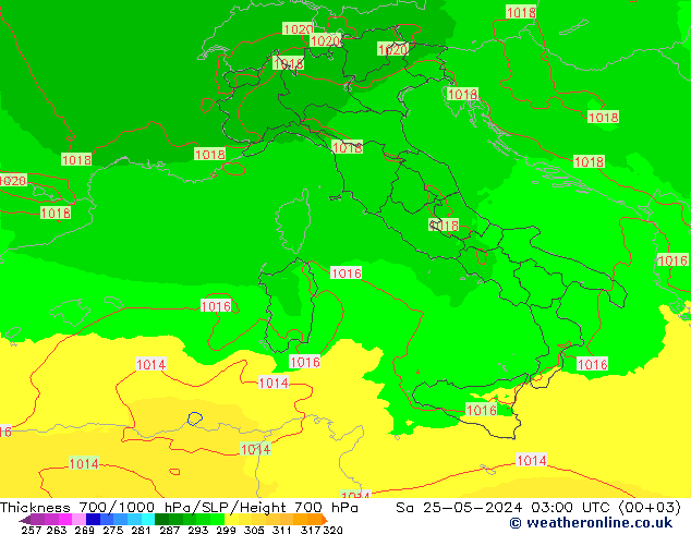 Thck 700-1000 гПа UK-Global сб 25.05.2024 03 UTC