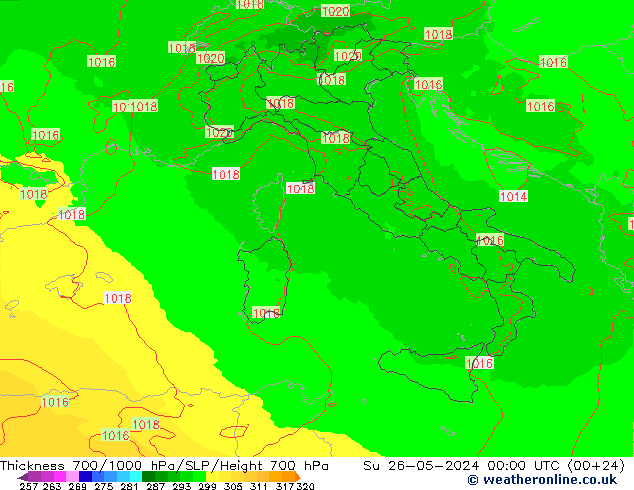 Thck 700-1000 hPa UK-Global  26.05.2024 00 UTC