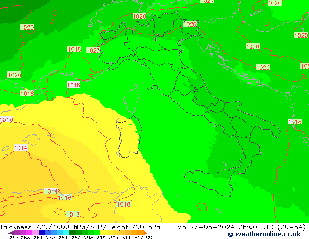 Thck 700-1000 hPa UK-Global Po 27.05.2024 06 UTC