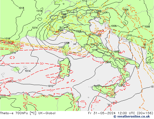 Theta-e 700hPa UK-Global Cu 31.05.2024 12 UTC