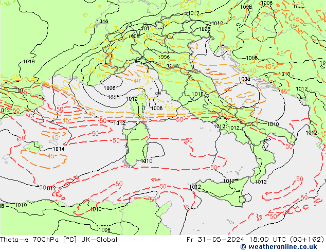 Theta-e 700hPa UK-Global Fr 31.05.2024 18 UTC