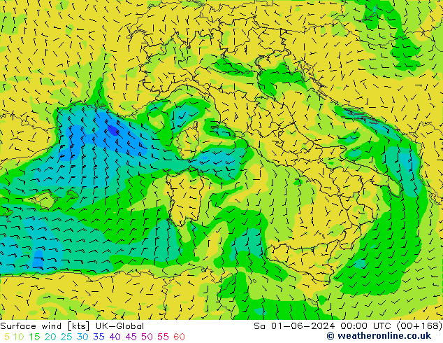 Viento 10 m UK-Global sáb 01.06.2024 00 UTC