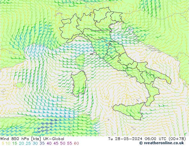 ветер 850 гПа UK-Global вт 28.05.2024 06 UTC