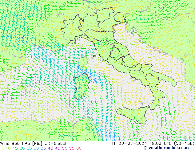 Wind 850 hPa UK-Global do 30.05.2024 18 UTC