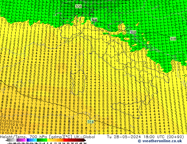 Height/Temp. 700 hPa UK-Global mar 28.05.2024 18 UTC