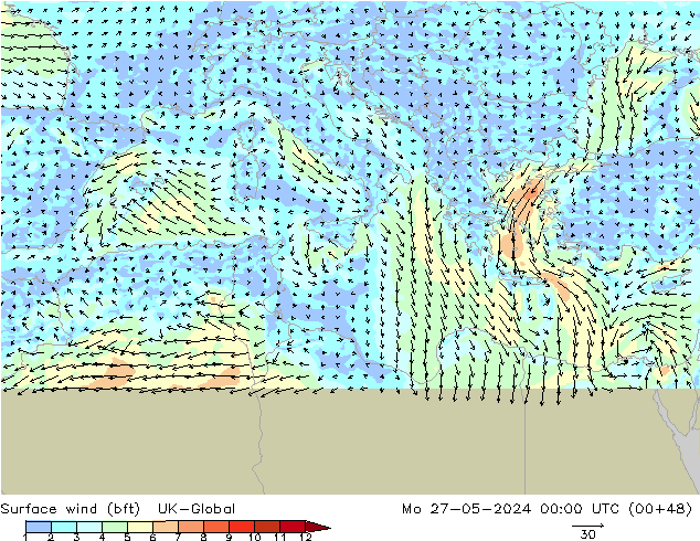 Vento 10 m (bft) UK-Global lun 27.05.2024 00 UTC