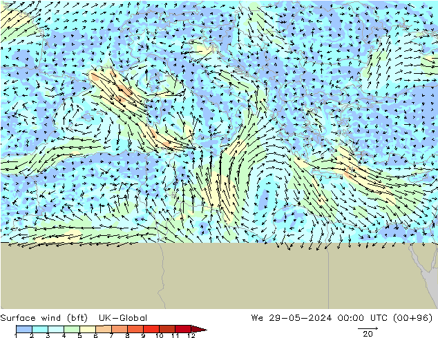 Surface wind (bft) UK-Global We 29.05.2024 00 UTC