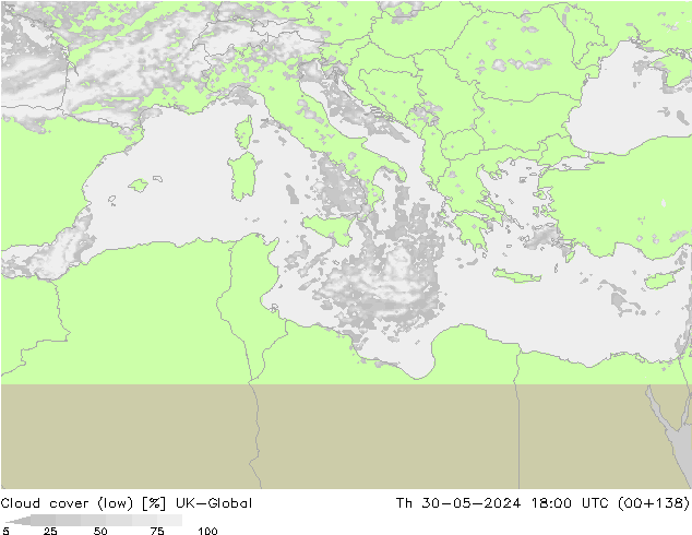 Cloud cover (low) UK-Global Th 30.05.2024 18 UTC