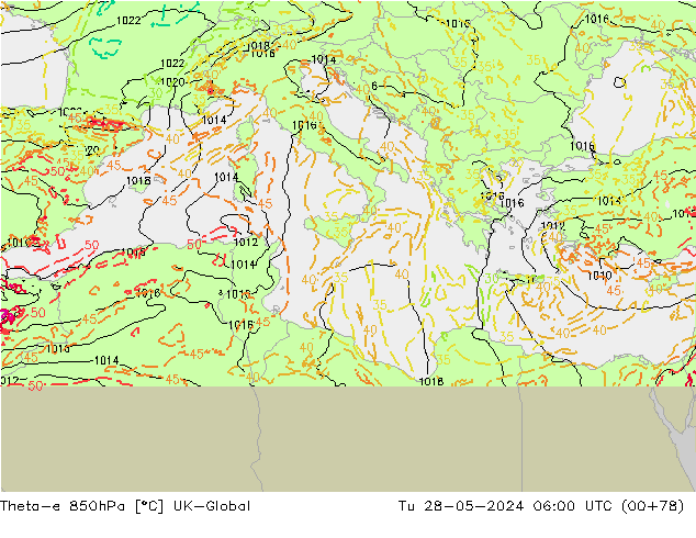 Theta-e 850hPa UK-Global Sa 28.05.2024 06 UTC