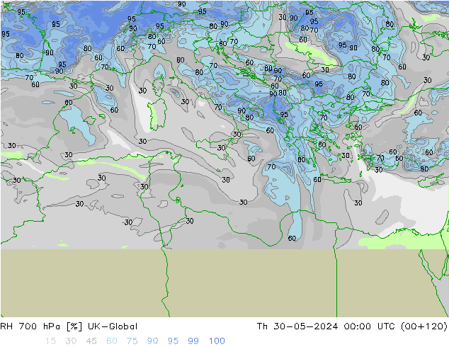 RH 700 hPa UK-Global Th 30.05.2024 00 UTC