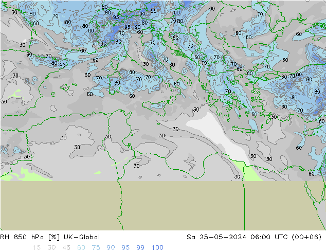 Humidité rel. 850 hPa UK-Global sam 25.05.2024 06 UTC