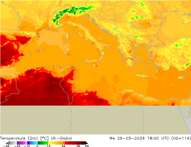 Temperatura (2m) UK-Global mié 29.05.2024 18 UTC