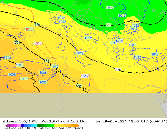 Espesor 500-1000 hPa UK-Global mié 29.05.2024 18 UTC