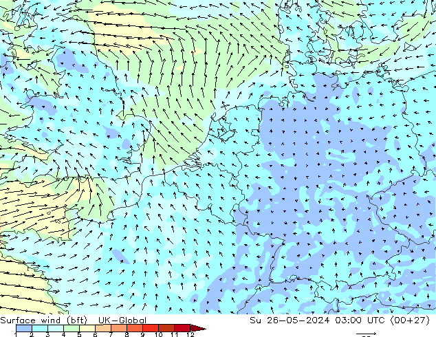 Wind 10 m (bft) UK-Global zo 26.05.2024 03 UTC