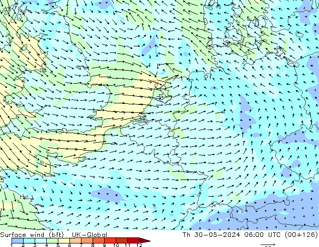 wiatr 10 m (bft) UK-Global czw. 30.05.2024 06 UTC
