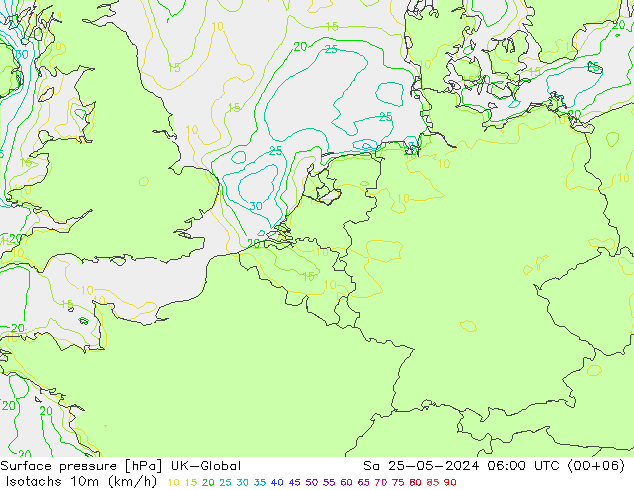 Isotachen (km/h) UK-Global Sa 25.05.2024 06 UTC