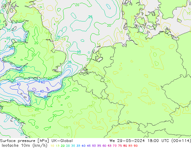 Isotachs (kph) UK-Global mer 29.05.2024 18 UTC