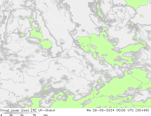 Cloud cover (low) UK-Global We 29.05.2024 00 UTC