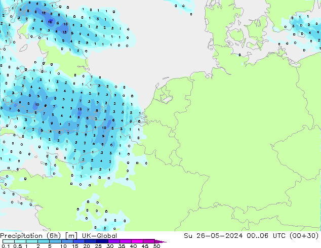 Precipitation (6h) UK-Global Su 26.05.2024 06 UTC