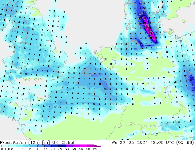 Precipitation (12h) UK-Global We 29.05.2024 00 UTC