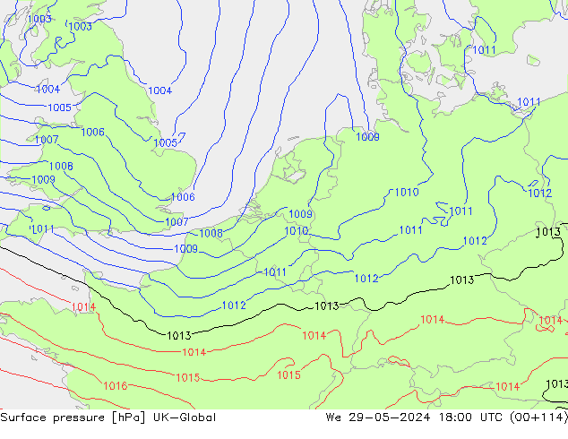 Surface pressure UK-Global We 29.05.2024 18 UTC