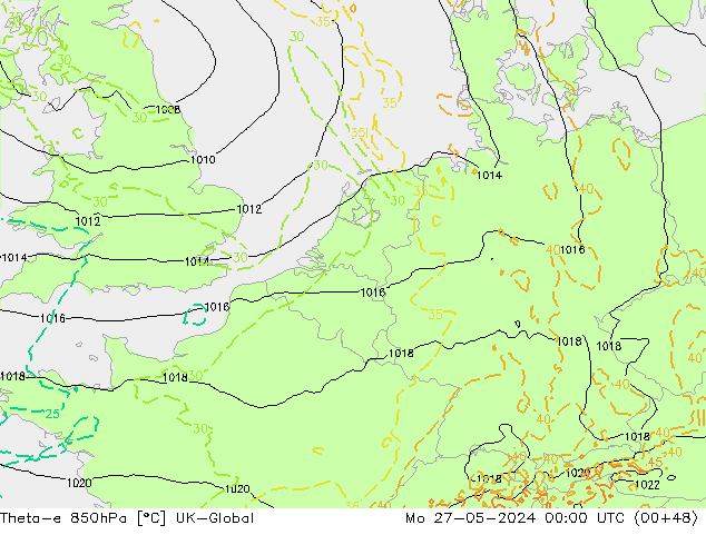 Theta-e 850hPa UK-Global Mo 27.05.2024 00 UTC