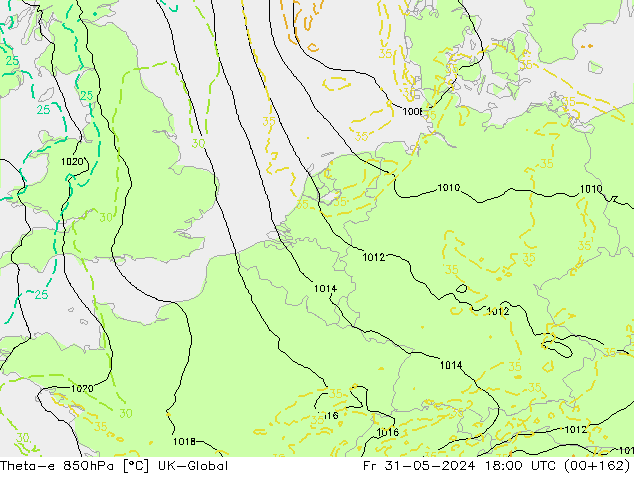 Theta-e 850hPa UK-Global Fr 31.05.2024 18 UTC