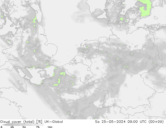 Cloud cover (total) UK-Global So 25.05.2024 09 UTC