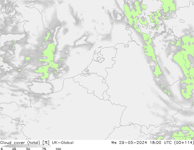 zachmurzenie (suma) UK-Global śro. 29.05.2024 18 UTC