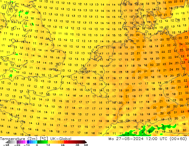 Temperaturkarte (2m) UK-Global Mo 27.05.2024 12 UTC