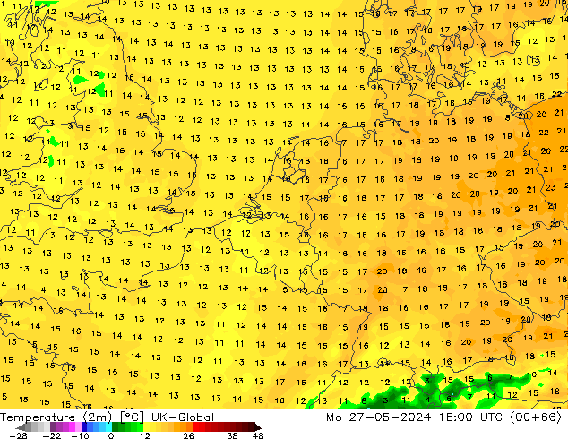 Temperatura (2m) UK-Global Seg 27.05.2024 18 UTC