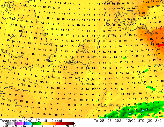 Temperatuurkaart (2m) UK-Global di 28.05.2024 12 UTC