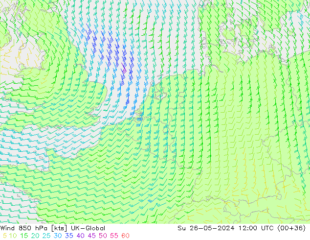 Wind 850 hPa UK-Global So 26.05.2024 12 UTC