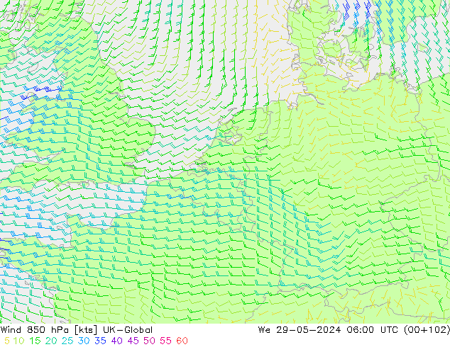 Vent 850 hPa UK-Global mer 29.05.2024 06 UTC