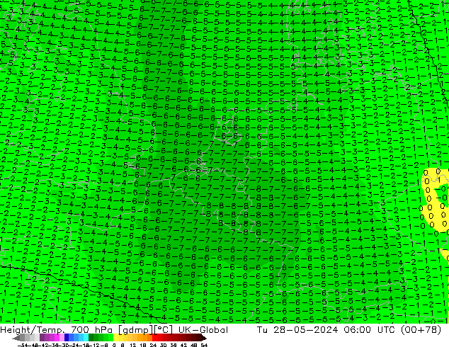 Height/Temp. 700 hPa UK-Global Tu 28.05.2024 06 UTC