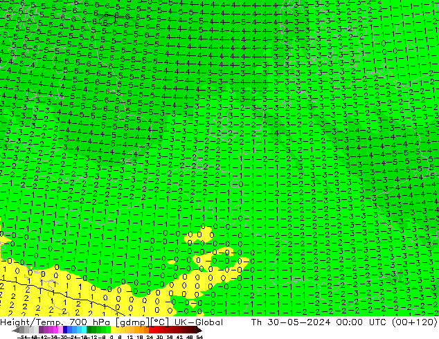 Height/Temp. 700 hPa UK-Global Do 30.05.2024 00 UTC