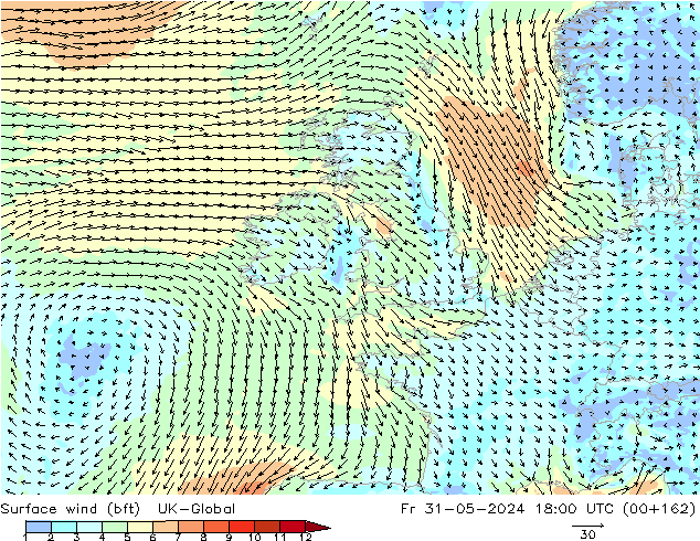 Surface wind (bft) UK-Global Fr 31.05.2024 18 UTC