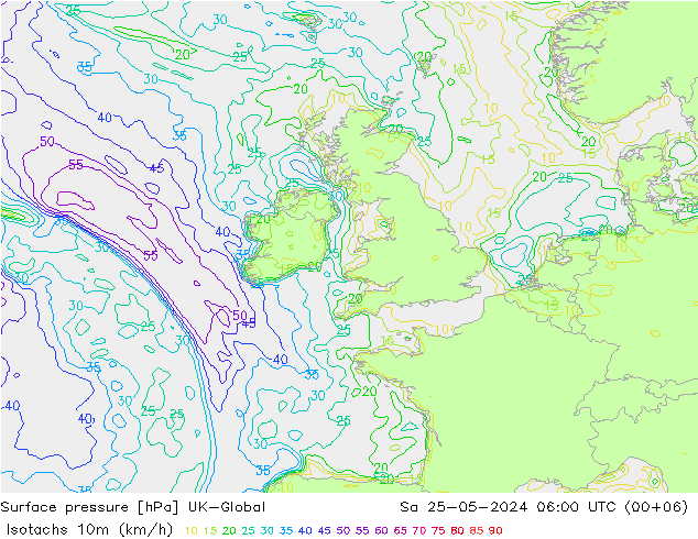 Isotachen (km/h) UK-Global za 25.05.2024 06 UTC